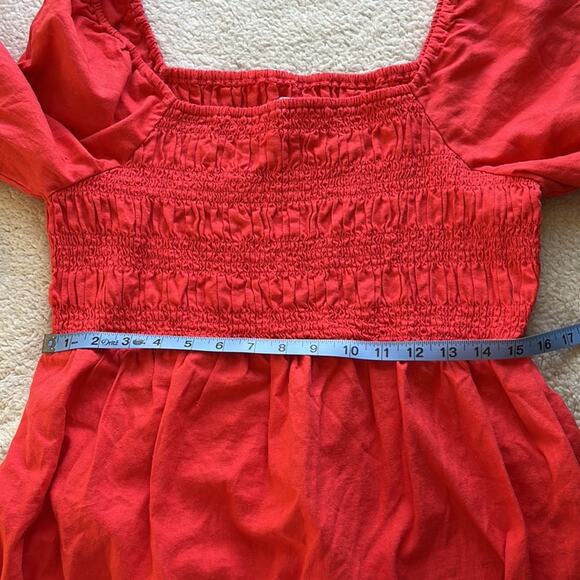 Ingrid + Isabel Maternity Peasant Mini Dress Medium Coral Red Cottagecore Linen - Picture 6 of 13